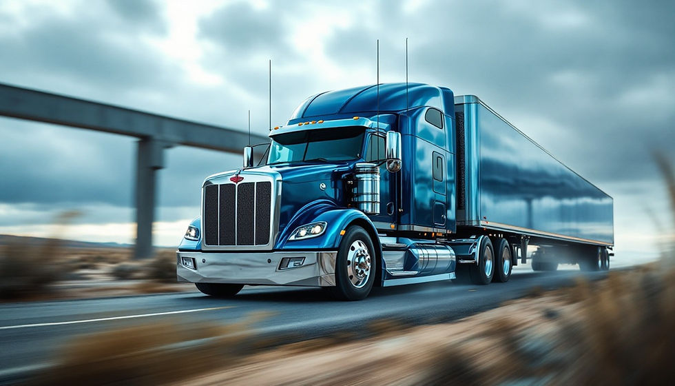 Blue semi-truck speeding on highway, cloudy sky, and an overpass in the background. Dynamic and powerful mood.