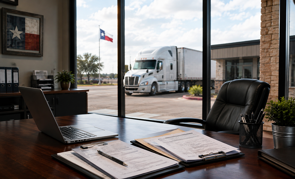 Office desk with laptop, papers, and pen holder beside window. Outside, a truck is parked near a Texas flag under a partly cloudy sky.