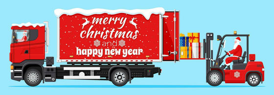 Red truck with snow, "Merry Christmas and Happy New Year" text, Santa driving forklift loading gifts. Blue background, festive scene.