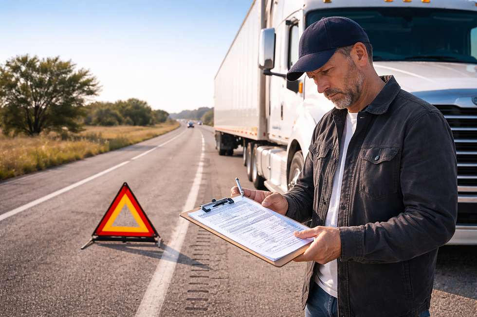 Man taking notes on clipboard beside parked truck on rural road. A caution sign is placed nearby. Clear sky, calm mood.