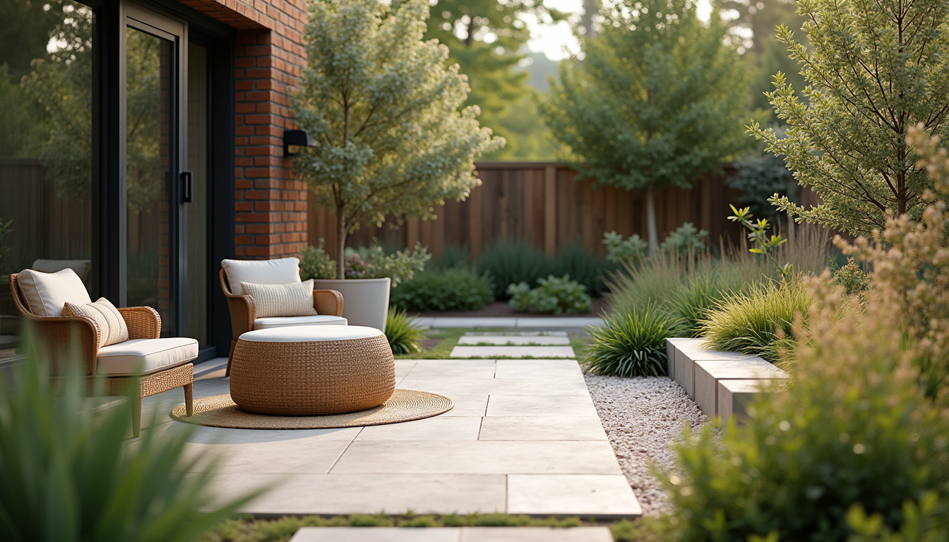 Close-up view of a well-designed backyard patio with native plants and comfortable seating