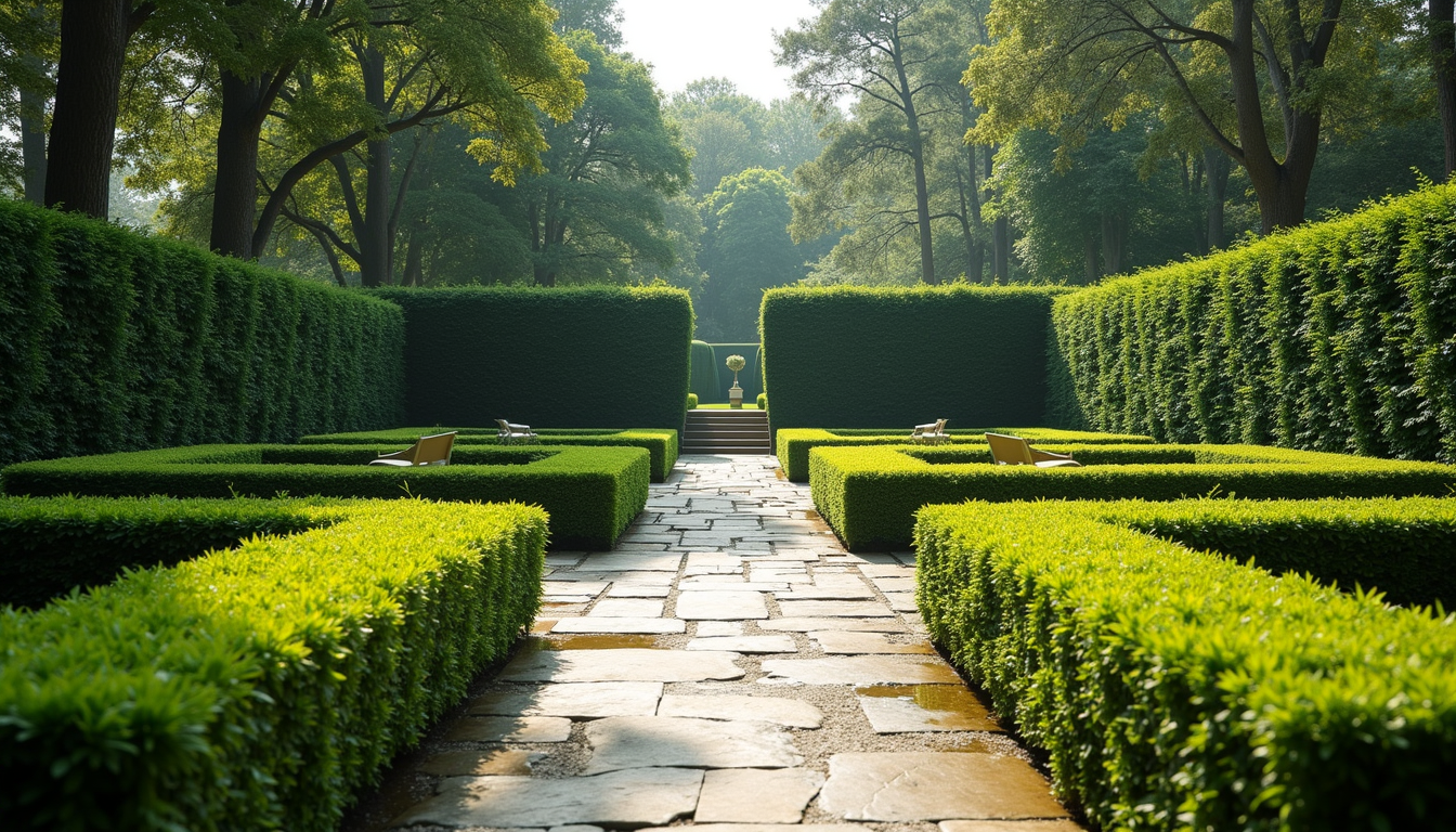 Wide angle view of a formal garden with symmetrical hedges and stone pathways