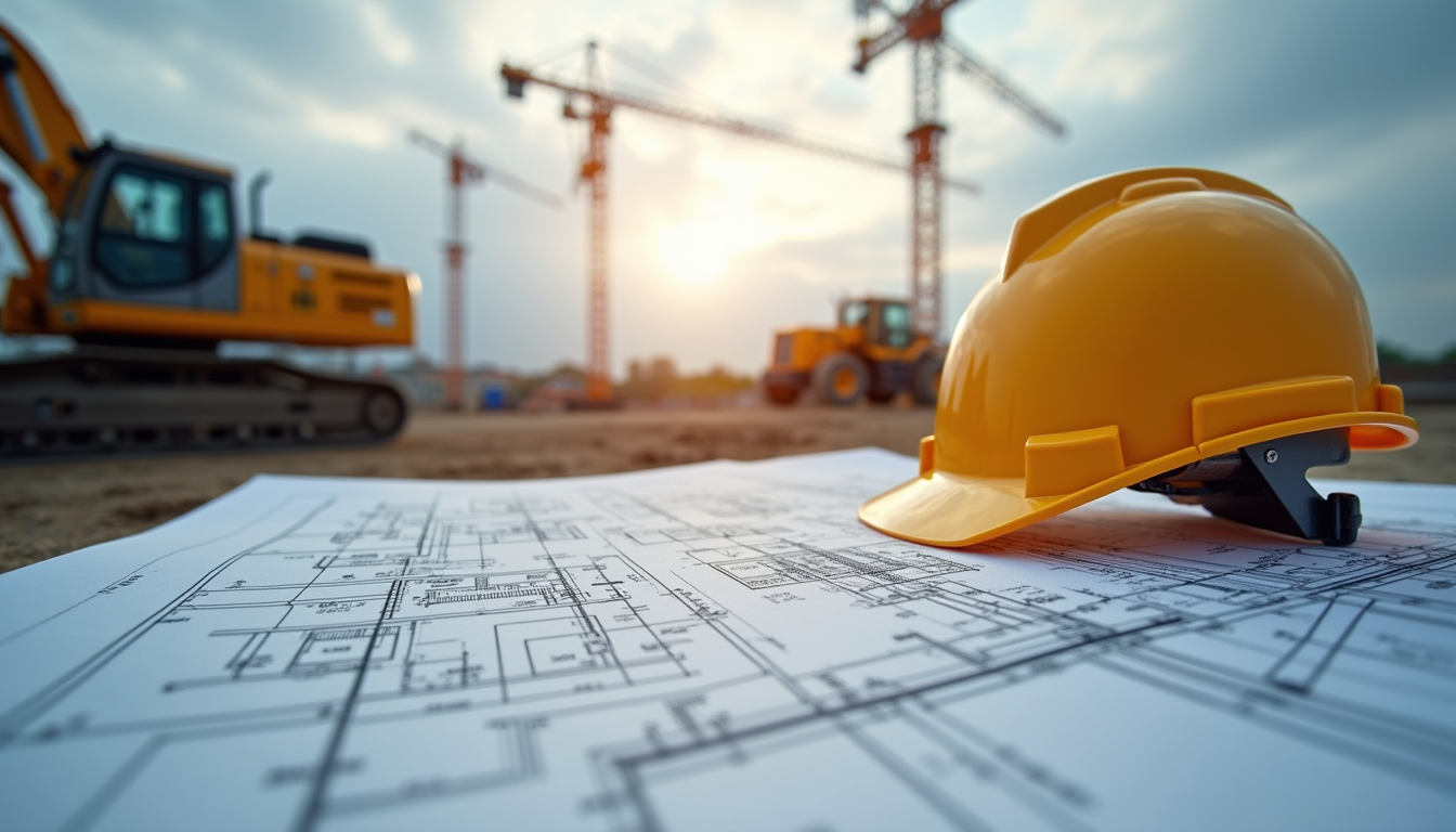 Wide angle view of construction site with design plans and machinery