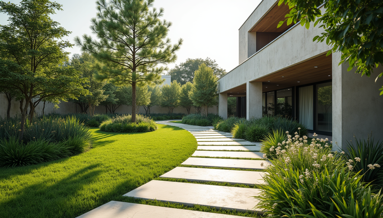 Wide angle view of a newly designed residential garden with pathways and greenery