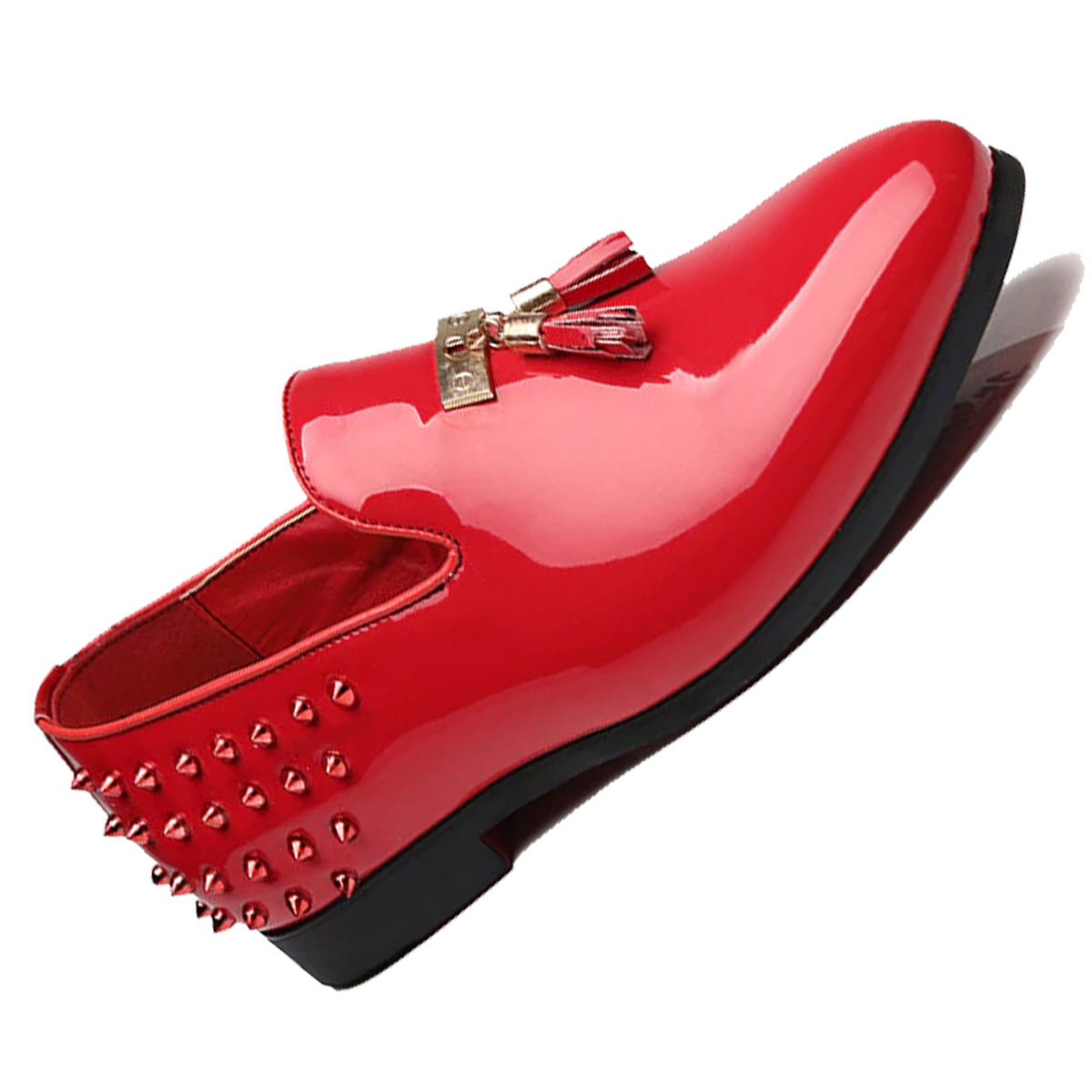 KRAZY Shoes Men's Red Cutting Edge Slip-on Patent Loafer with Tassel & Spikes