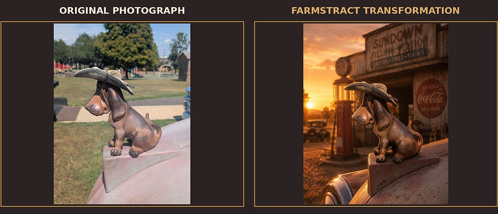 Before-and-after transformation of a Basset Hound hood ornament, photographed at Janssen Park and reimagined at a sunset filling station.