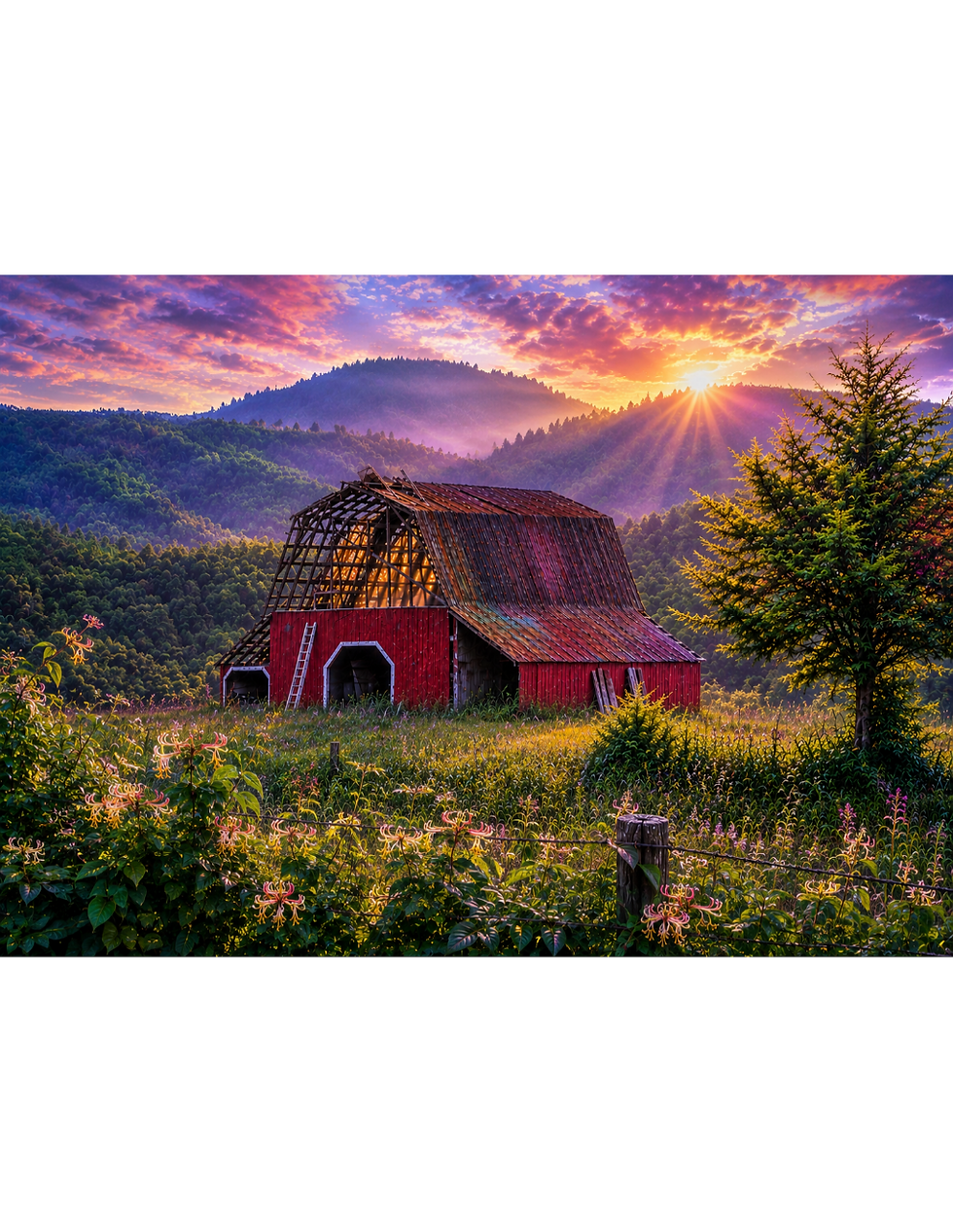 Finished barn artwork with an atmospheric sunset, glowing landscape and distant mountains.