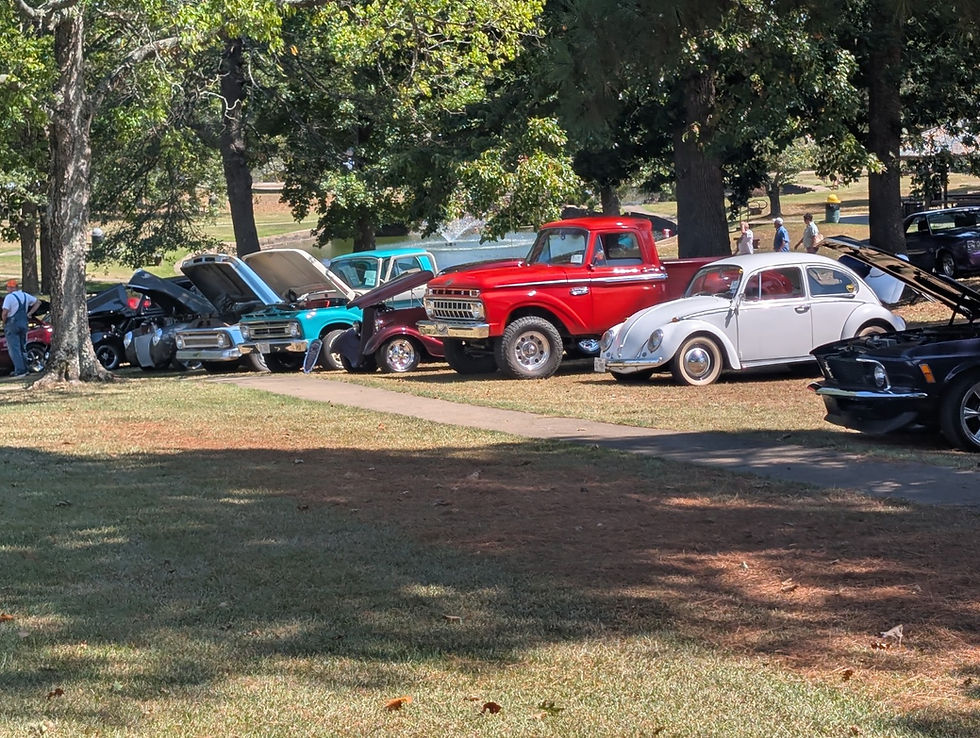 Vintage cars and trucks lined up beneath the trees at the 2026 Queen Wilhelmina Rod Run in Mena, Arkansas