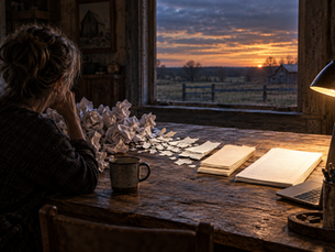 Woman at a desk surrounded by crumpled paper and blank pages, working beside a laptop as the sun rises over the countryside.