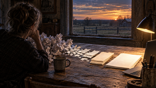 Woman at a desk surrounded by crumpled paper and blank pages, working beside a laptop as the sun rises over the countryside.