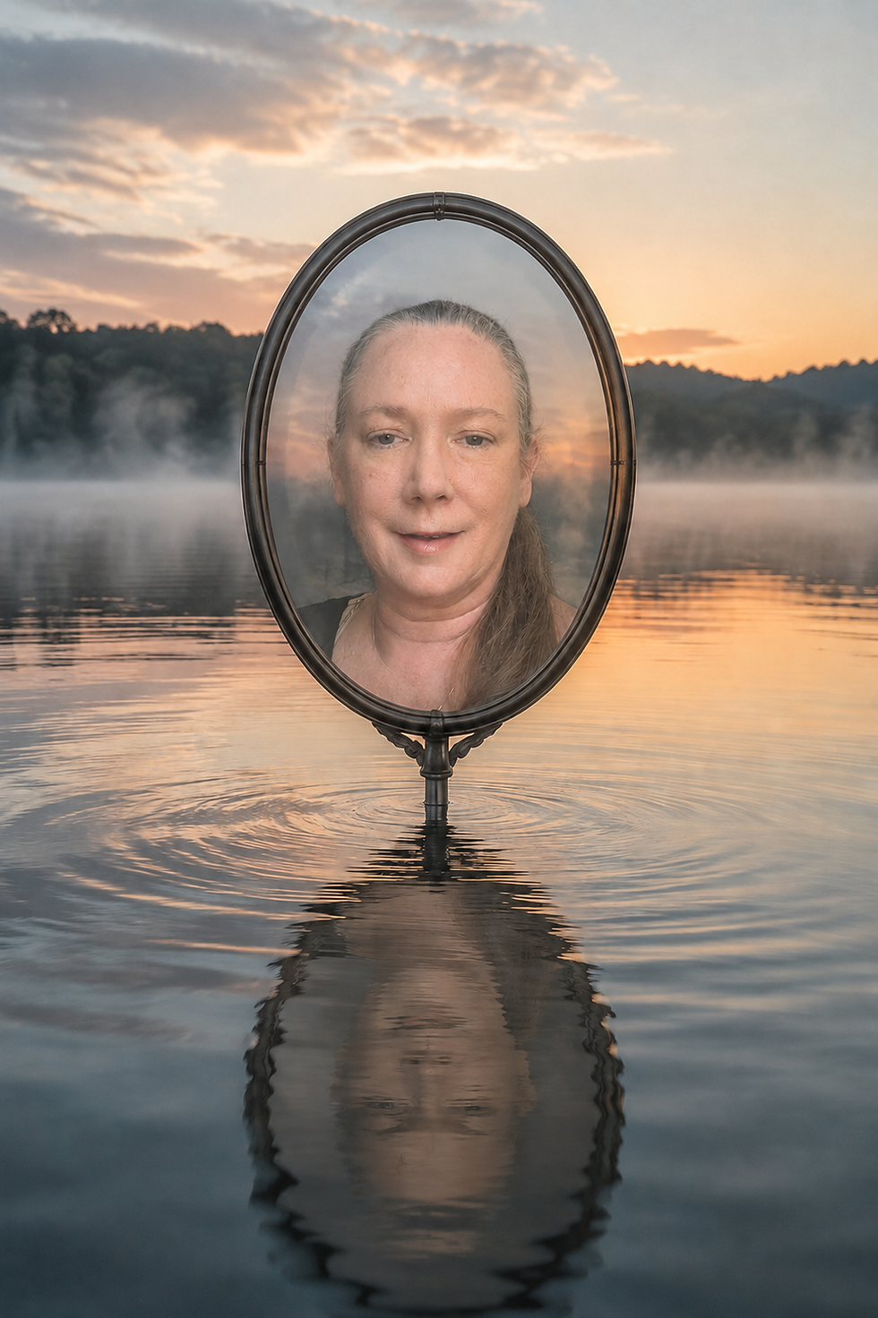 Surreal portrait reflected in an oval mirror standing in a misty lake at sunset, with a second reflection in the water.