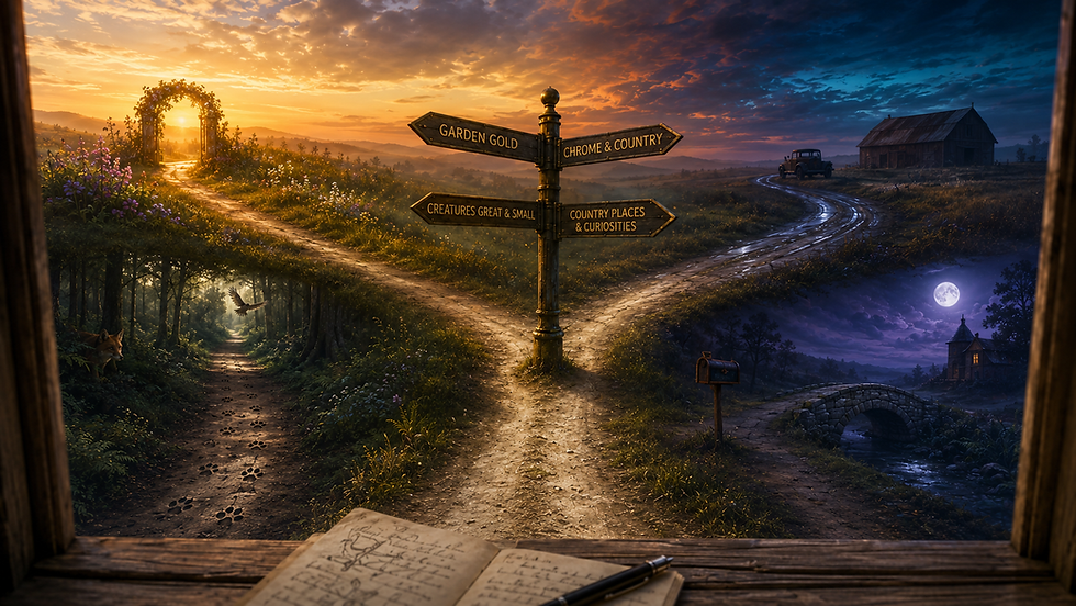 Surreal Farmstracts crossroads where a signpost guides four paths toward a luminous garden, a country road, an animal-filled forest, and a moonlit rural bridge.