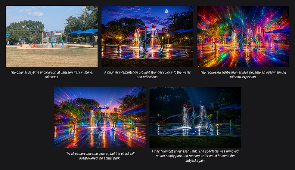 Five-stage progression from Reena Adair's daytime photograph of Janssen Park to Midnight at Janssen Park, showing increasingly colorful AI-assisted versions before the restrained final image.