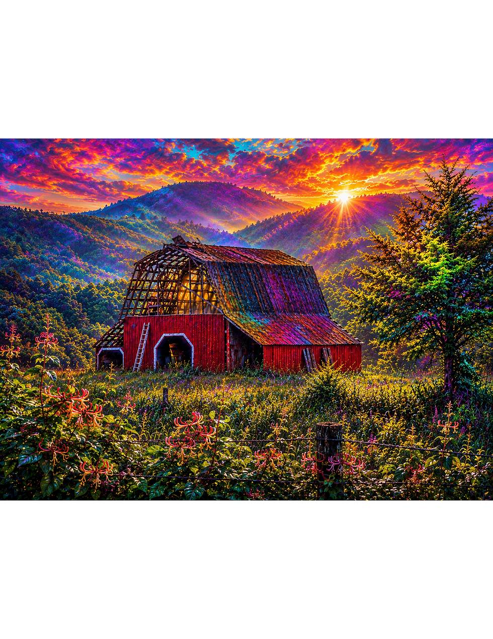 AI-assisted photography artwork showing the barn beneath a vivid purple and orange sky.