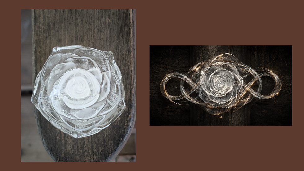Melting ice rose on a porch beside the finished artwork Frozen Bloom, showing the photograph transformed into the final piece.