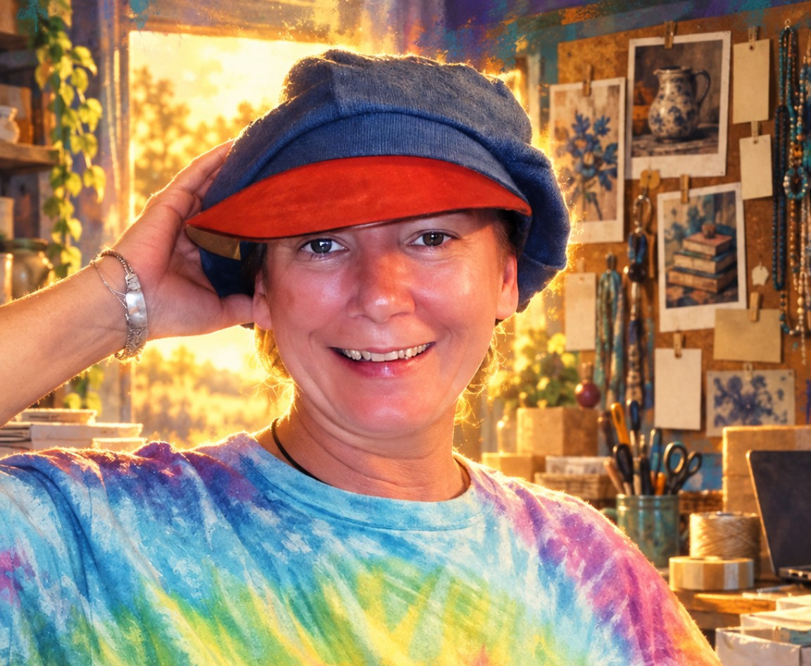 Reena Adair smiling confidently in a colorful tie-dye shirt and blue-and-red hat inside her sunlit creative workspace.