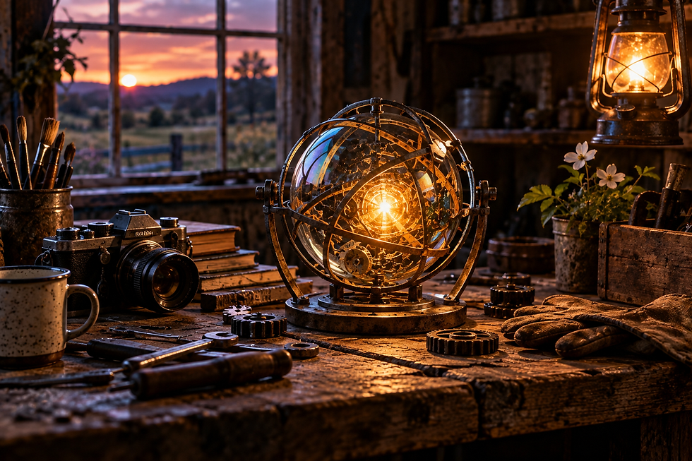 Glowing mechanical globe surrounded by a camera, books, paintbrushes, tools and flowers on a workbench at sunset.