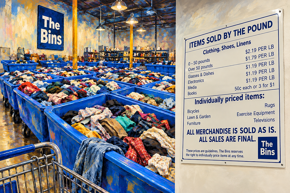 Painterly scene of outlet bins with a sign beside rows of discarded goods.