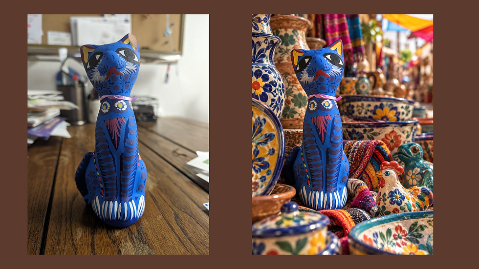 Original ceramic cat beside the finished Bazaar Cat artwork, showing its transformation from found object to art.