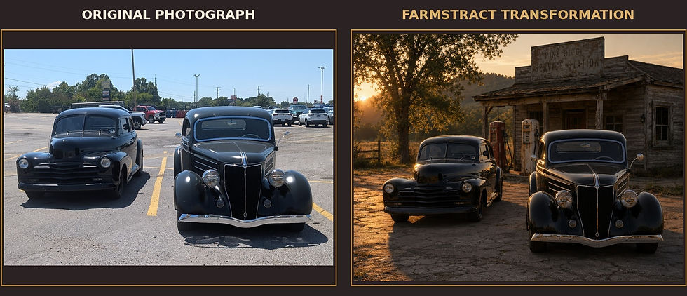 Before-and-after transformation of two black vintage vehicles photographed in a Mena parking lot and reimagined outside an old country filling station at sunset.