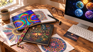 Sunlit worktable with Farmstracts and Fabstracts books, colorful artwork, a friendship bracelet, and a computer displaying the four Farmstracts worlds.