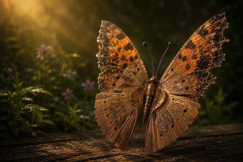 A worn wooden folding fan transformed into a butterfly against a softly lit natural background.