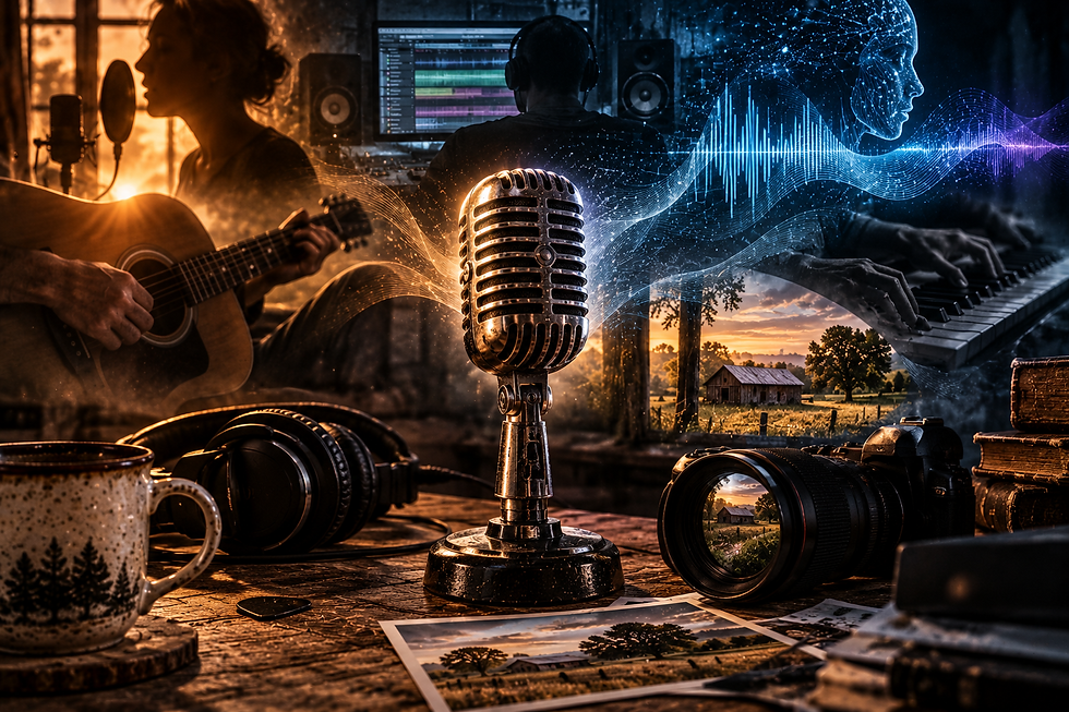 Singer with guitar, microphone, music production screen and piano blended with a glowing digital figure and audio waveform.