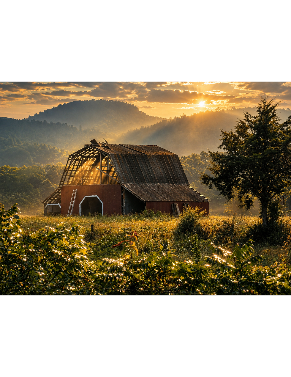 Barn photograph enhanced with warmer sunlight and clearer landscape details.