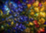 Blue, gold and pink Texas wildflowers transformed into a luminous mosaic of fractured stained glass.
