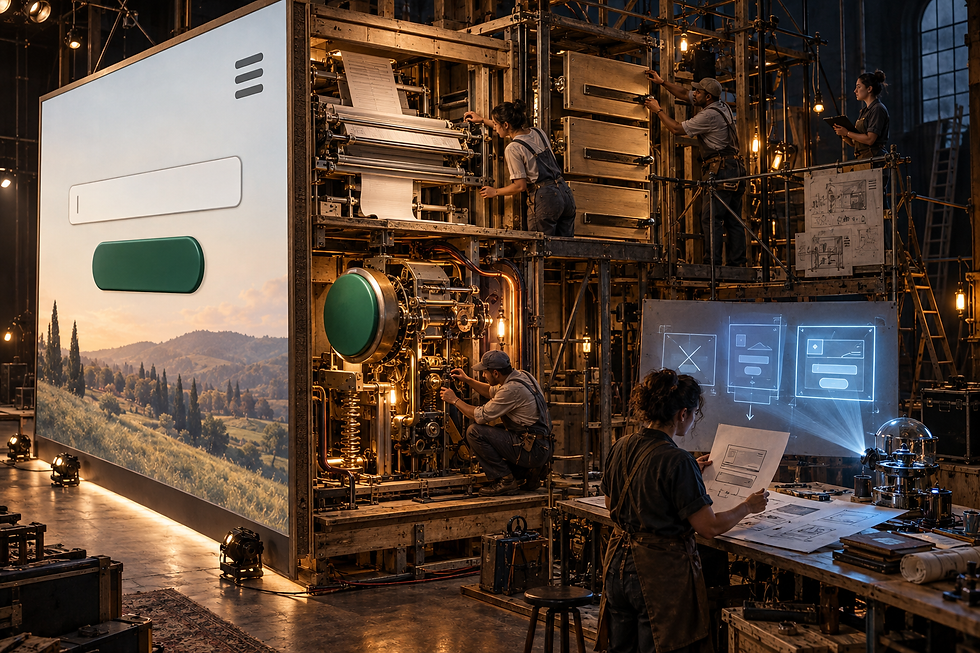 Conceptual scene of designers and technicians working among screens, servers, and equipment behind a polished website interface.