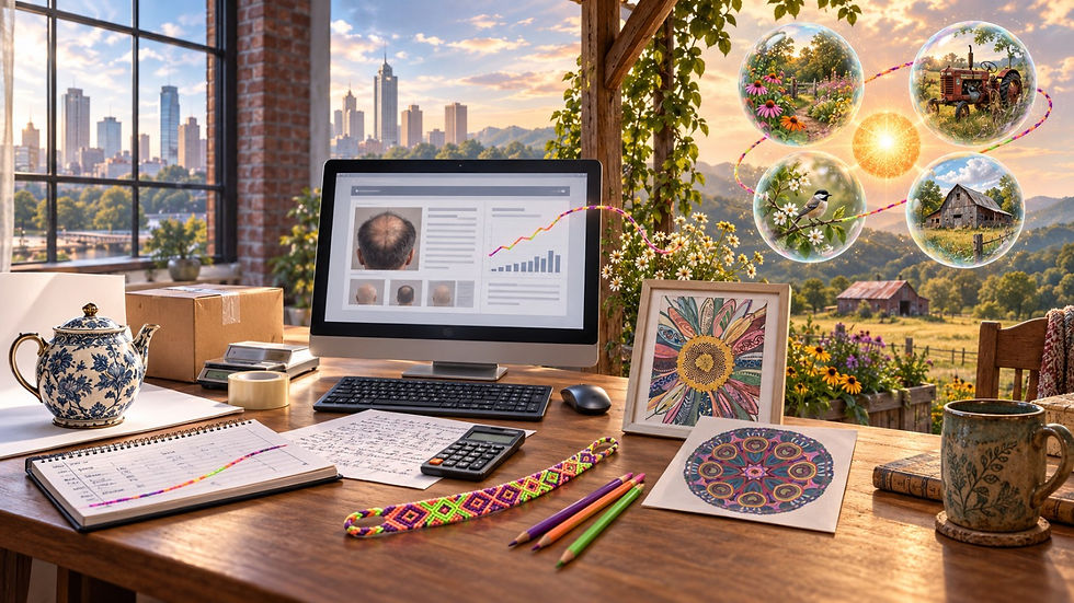 Creative workspace blending a city background into rural Arkansas, with an early balding website, shipping supplies, handmade art, and the four Farmstracts worlds.