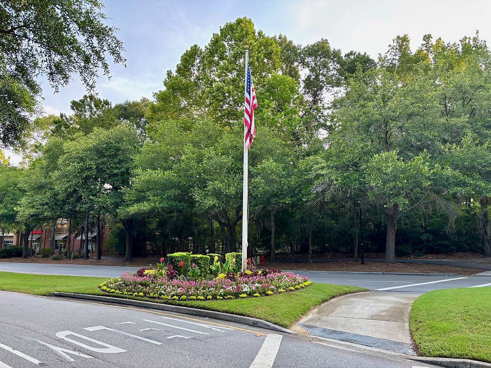 American flag and landscaped entrance along Park West Boulevard in Mount Pleasant, South Carolina.