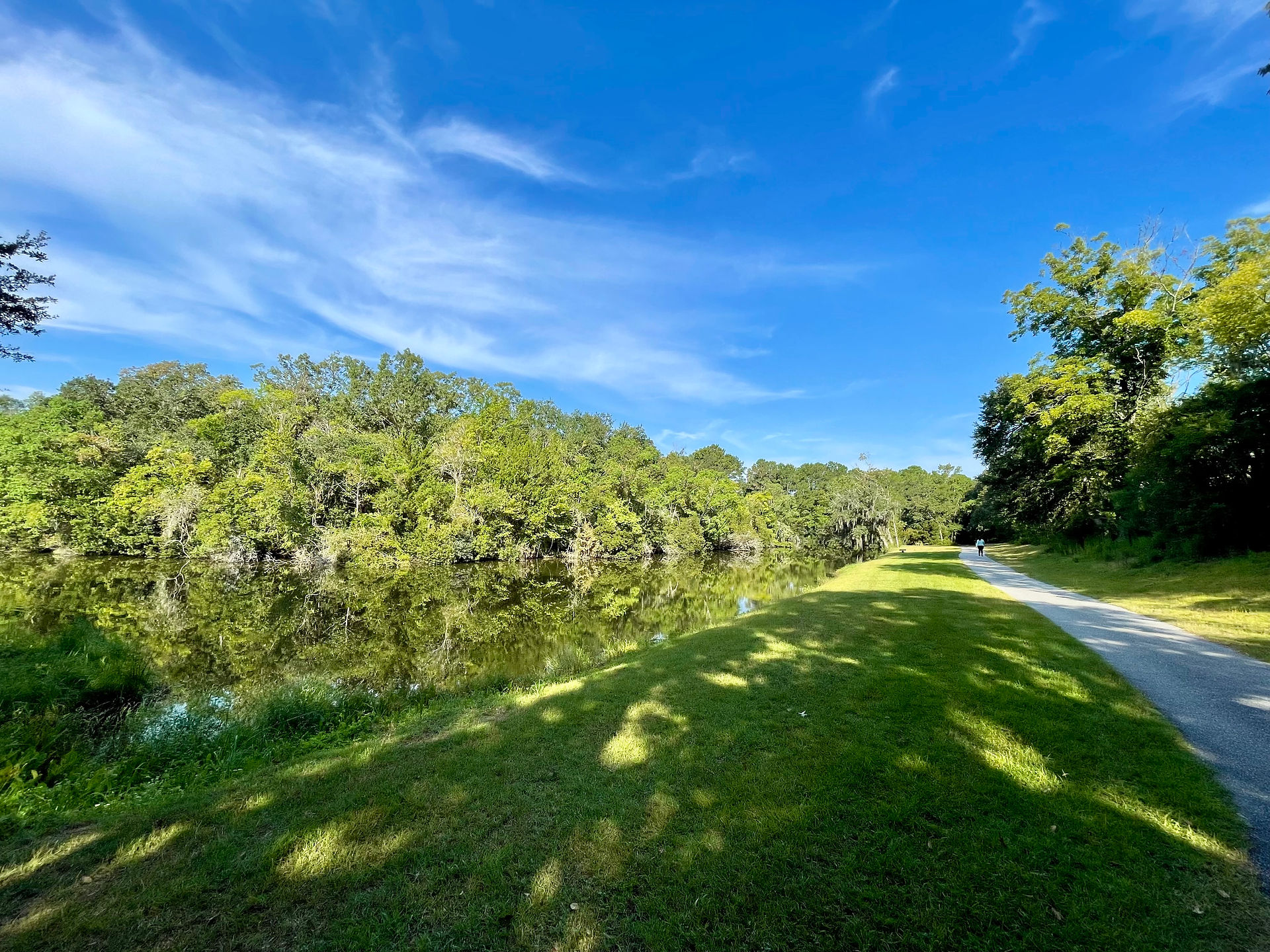 Lake, orange trail