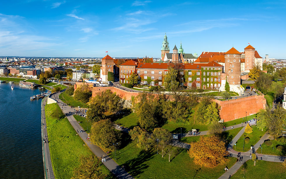 Krakow, Poland Royal Wawel castle and cathedral, Vistula river, boulevards, promenades and