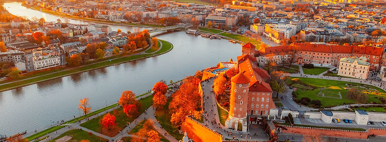 Wawel castle landmark with city view near river in Krakow Poland Autumn landscape on coa