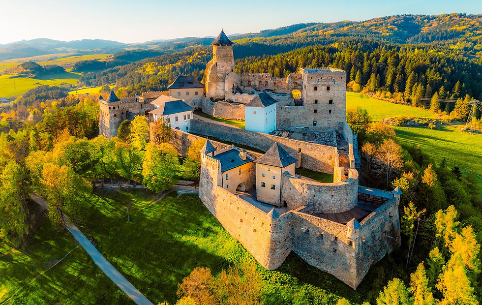 Slovakia landscape and panoramic sunny day view of Tatras mountain and Stara Lubovna castl
