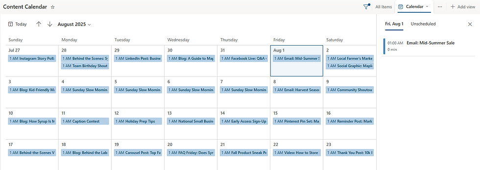 A Calendar View of a Content Calendar showing when blog posts and social media content will be published.