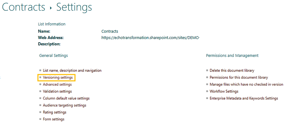 SharePoint admin settings screen displaying version history configuration options for a document library, including number of versions to retain.