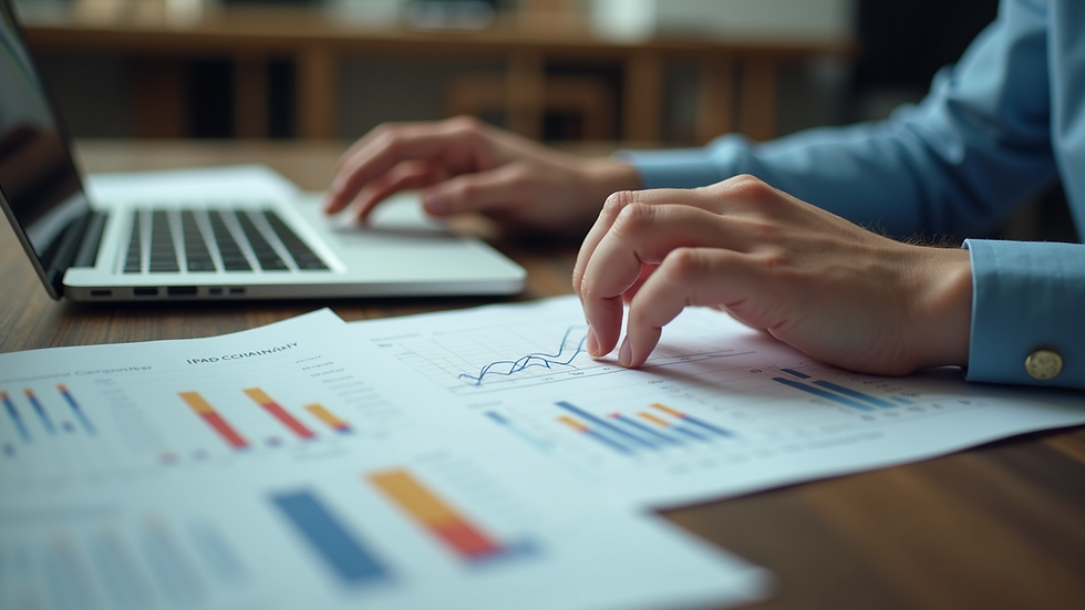 High angle view of a person working on a laptop with process charts on the desk
