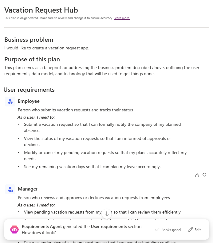 Power Apps Requirement Agent output showing vacation request app business problem, plan purpose, and detailed user requirements for employee and manager roles.