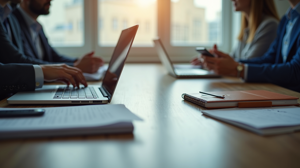 High angle view of a conference room table with laptops and notebooks during a team meeting