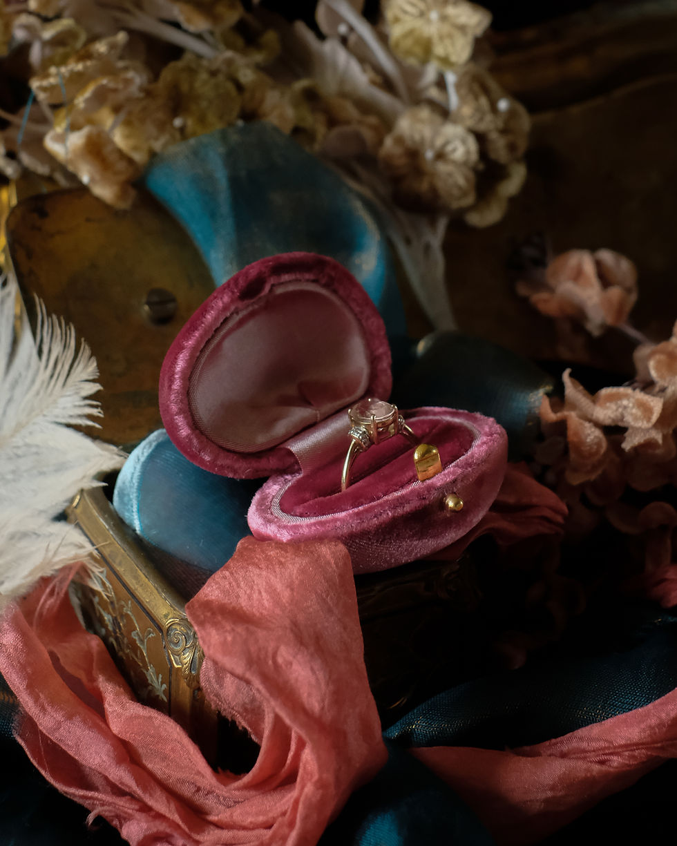 Thumbnail: Black Fuchsia Velvet & Raspberry Cream Silk  | Florine | Egg Ring Box