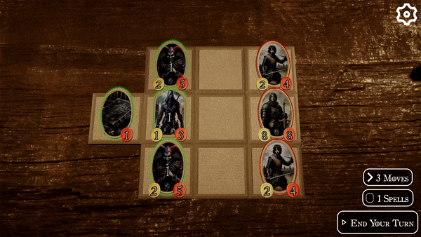 Animation showing the spell system. Clicking the spell caster opens up spells around the spell caster and dragging it to enemy executes the spell. In this case throwing knives.