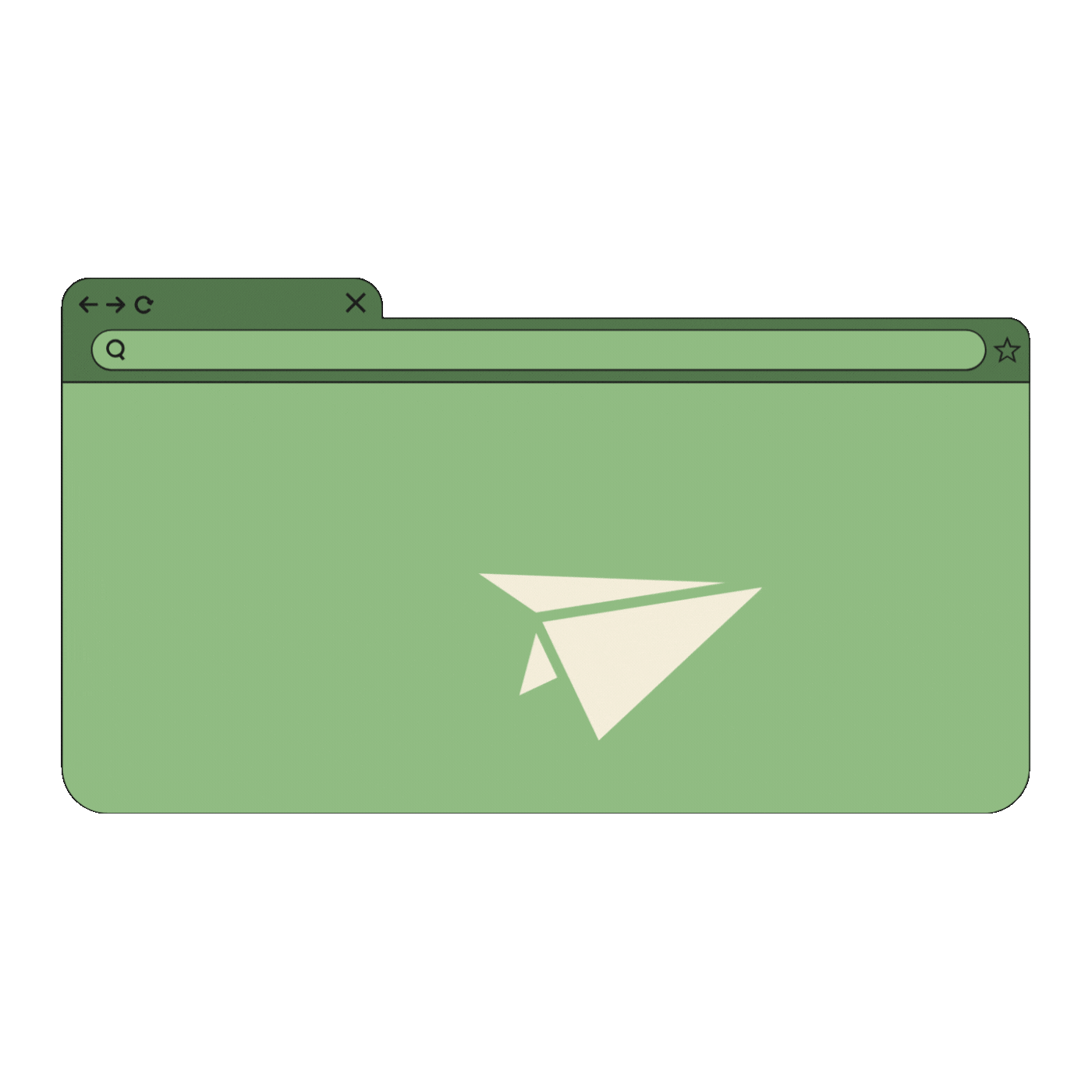 Animated browser window launching a paper airplane along a curved dotted path, representing campaign execution, content deployment, and project go-live in digital marketing