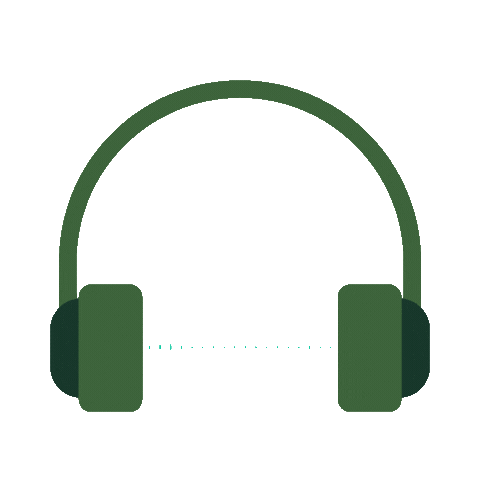 Animated graphic of green over-ear headphones with a pulsing soundwave, representing attentive listening and communication strategy