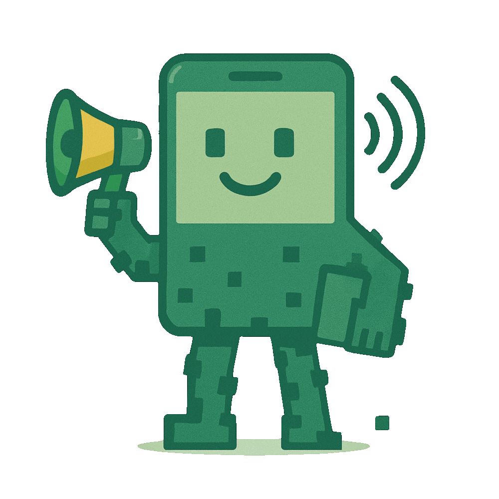 Friendly pixel-style digital character shaped like a smartphone, smiling and holding a megaphone, symbolizing digital communication and message amplification