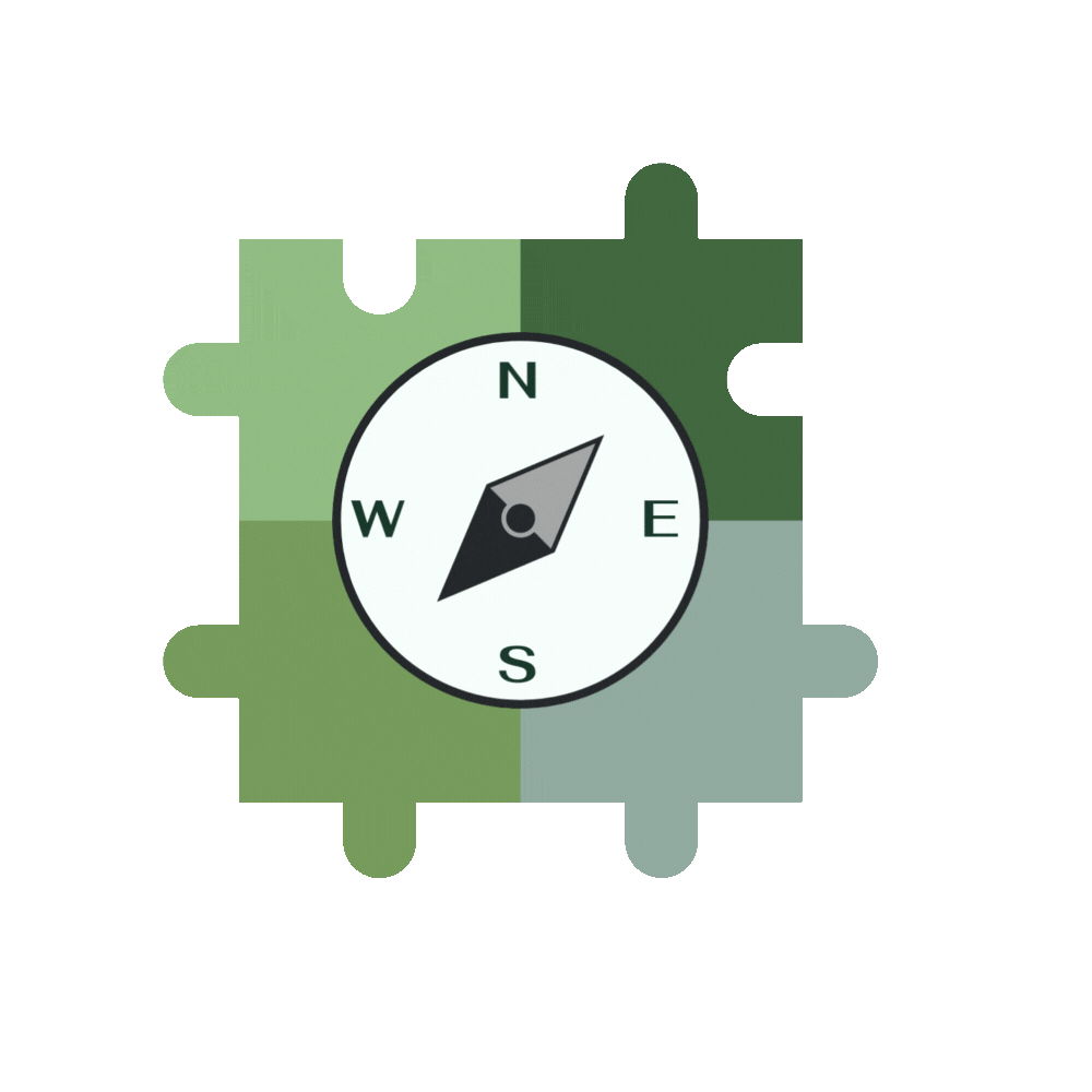 Animated compass embedded in a green puzzle piece, representing strategic project planning and direction setting in digital strategy workflows