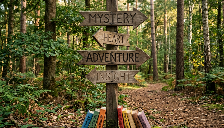 Eye-level view of a wooden trail sign with four arrows labeled Mystery, Heart, Adventure, and Insight.