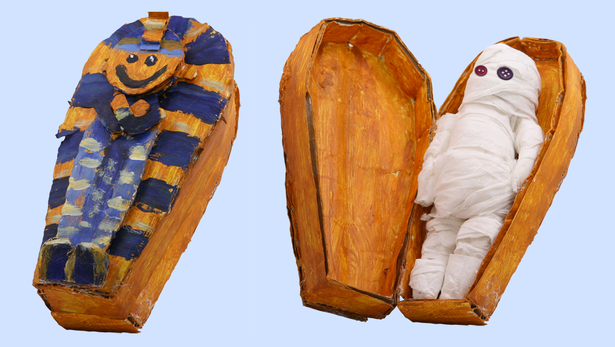 I made this cardboard sarcophagus and tissue paper mummy for an episode of "Wonder Pets!"
I Photoshopped the elements so the lid could open, revealing the mummy.