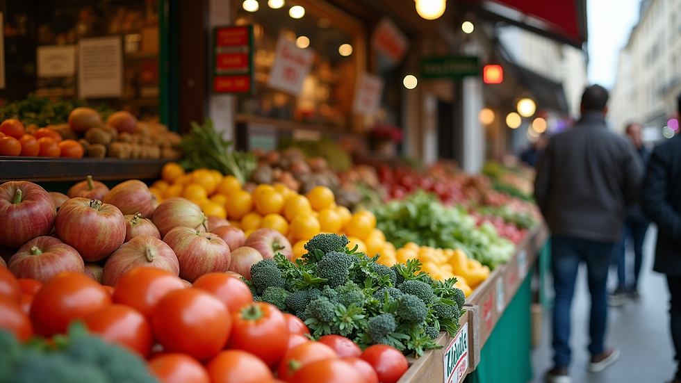 Eye-level view of a bustling Parisian street market filled with fresh produce and artisanal products.
